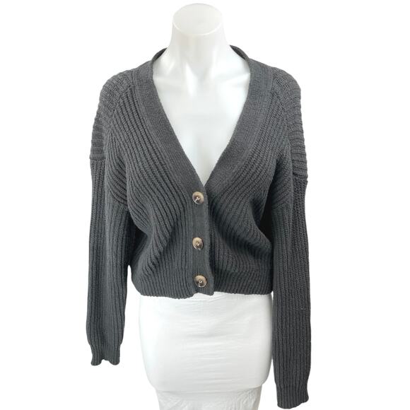 Nordstrom BP Black Chunky Knit Button V-neck Long Sleeve Sweater Cardigan Size M - Picture 1 of 4